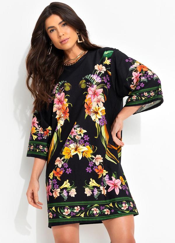Vestido T-Shirt Big Pássaro em Flor Preto