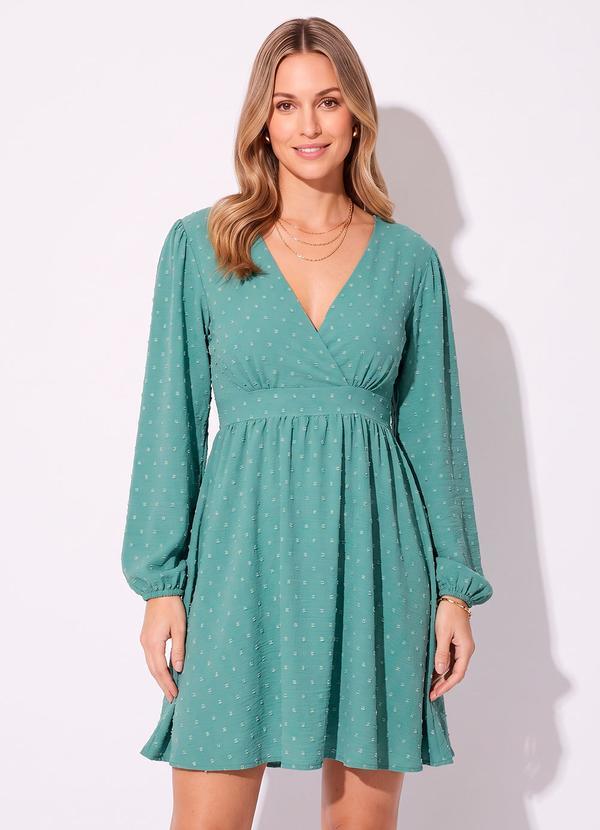 Vestido Verde em Crepe Plano Maquinetado