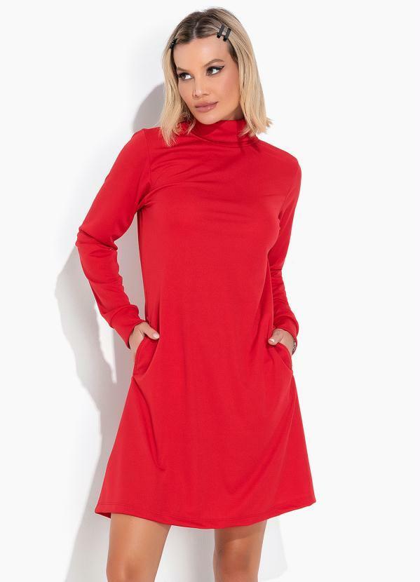 Vestido Vermelho com Gola de Alta e com Bolsos