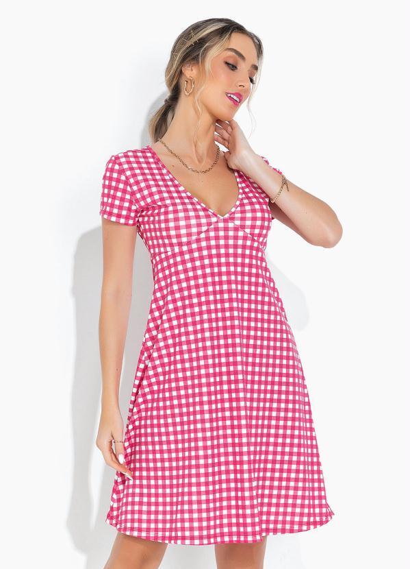 Vestido Xadrez com Decote V e Mangas Curtas