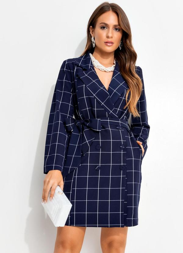 Vestido Curto Alfaiataria Xadrez Grid Azul com Manga Longa e Cinto