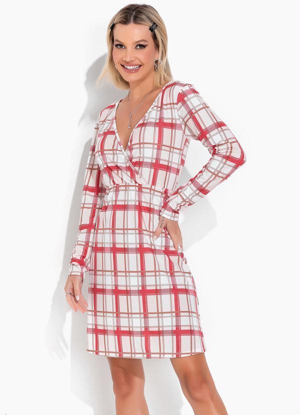 Vestido Xadrez Off White com Decote Transpassado