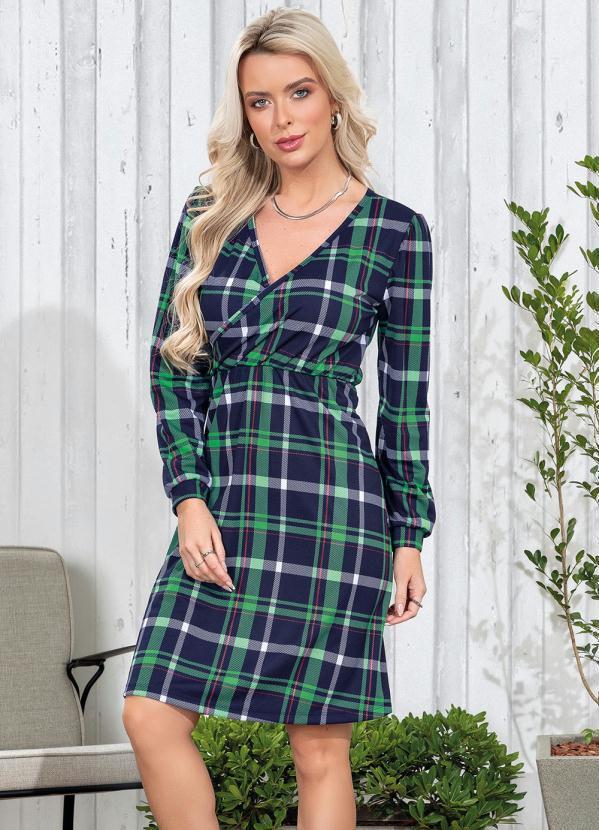 Vestido Xadrez Verde com Decote Transpassado