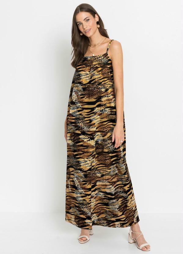Vestido Longo de Alcinha Animal Print Preto