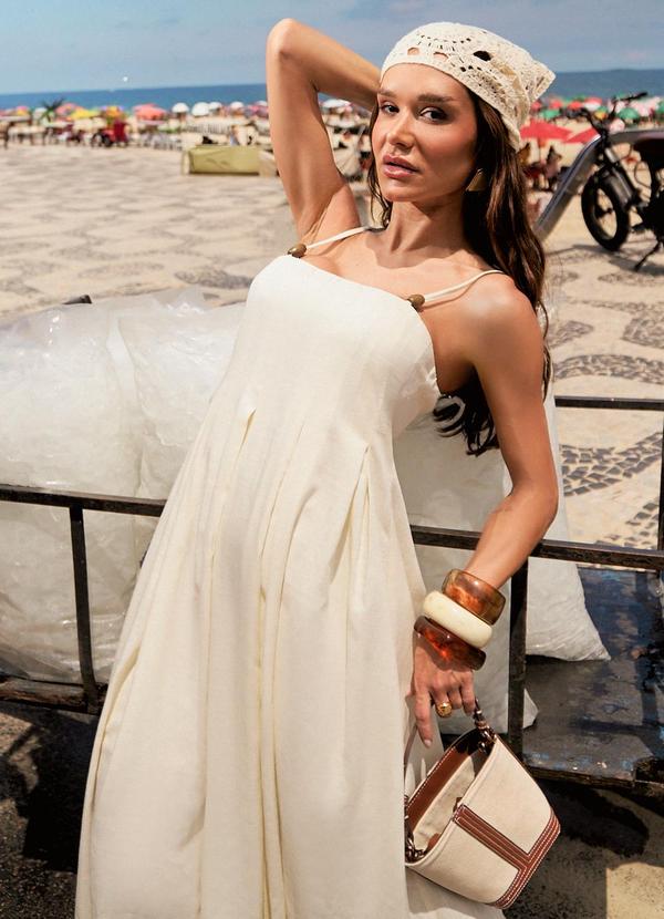 Vestido Midi com Pregas Off White