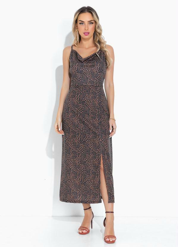 Vestido Tigre com Alças, Decote Degagê e Fenda