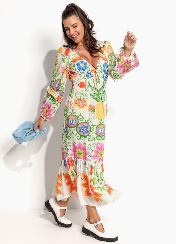 Vista 2 Vestido Longo de Viscose Aquarela Tropical FARM FARM