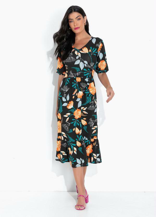 Vestido Longuete Camadas Floral Dark