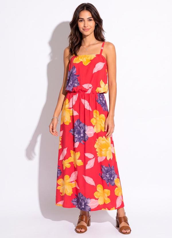 Vestido Alongado de Alça Floral Vermelho
