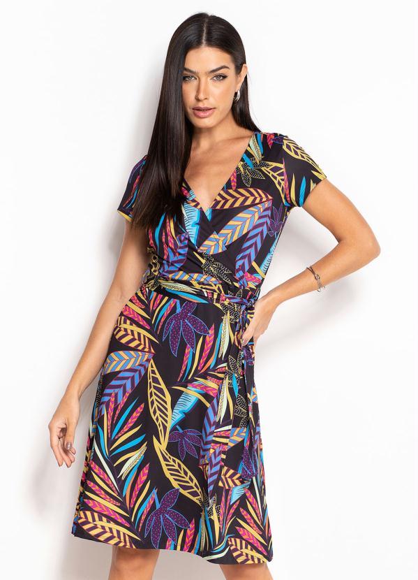 Vestido Decote Transpassado Folhagem Preto