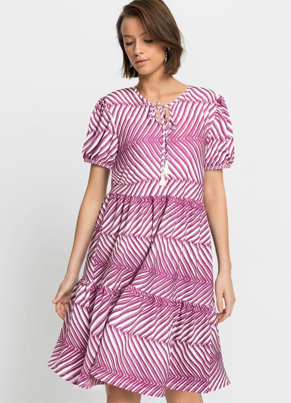 Vestido com Amarração Manga Curta Listras Roxas
