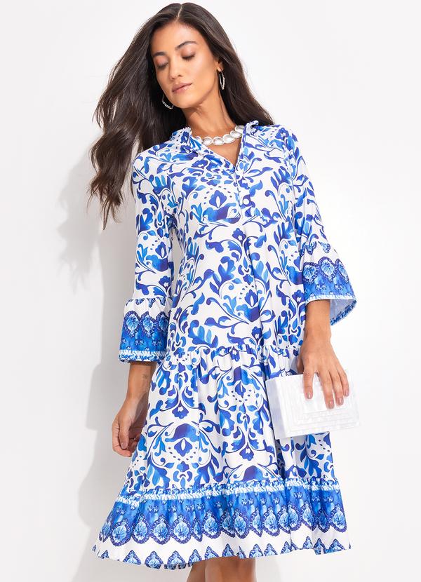 Vestido Floral Azul em Malha Fria