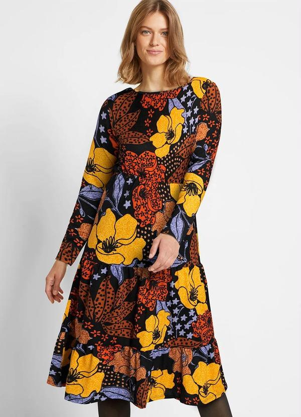 Vestido Floral com Folhagens em Malha Crepe