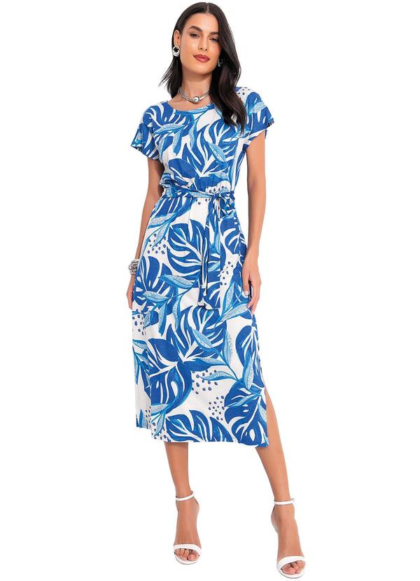 Vestido Folhagem Azul em Malha de Viscose