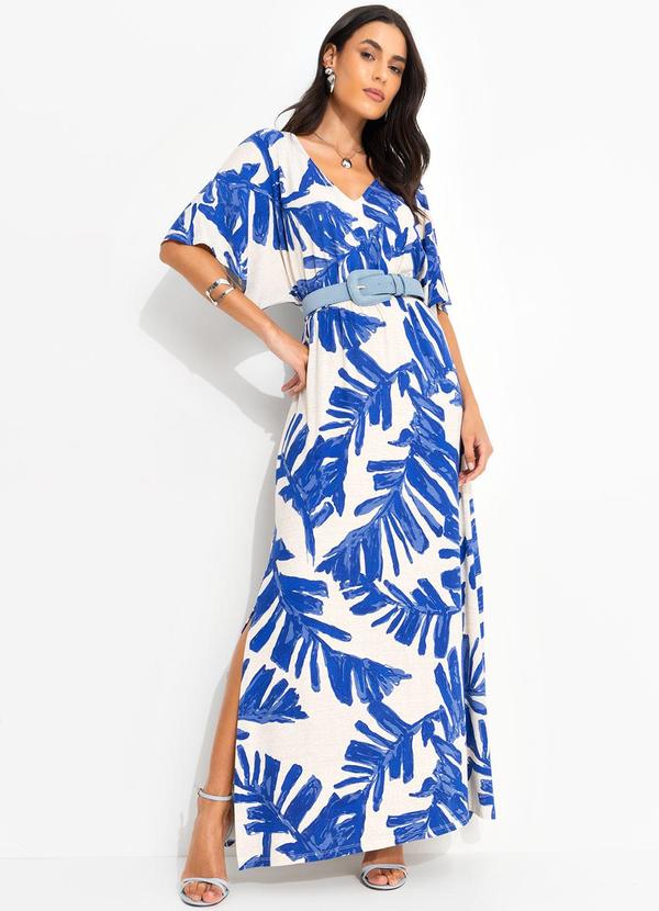 Vestido Folhagem Azul em Malha de Viscose