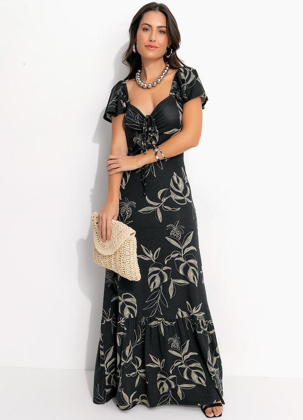 Vestido Folhagem Marinho em Malha de Viscose