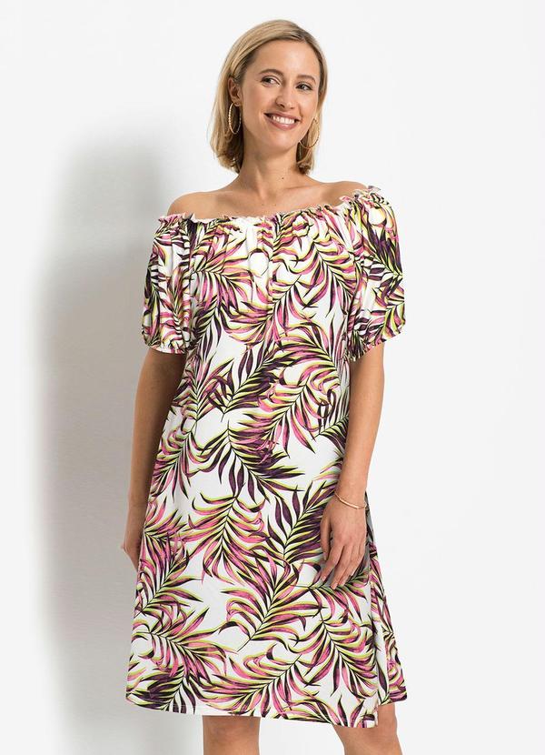 Vestido Ombro a Ombro Folhagem Rosa