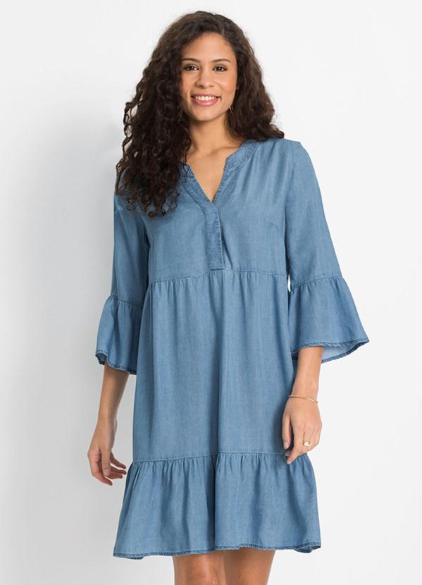 Vestido com Babados Jeans Claro