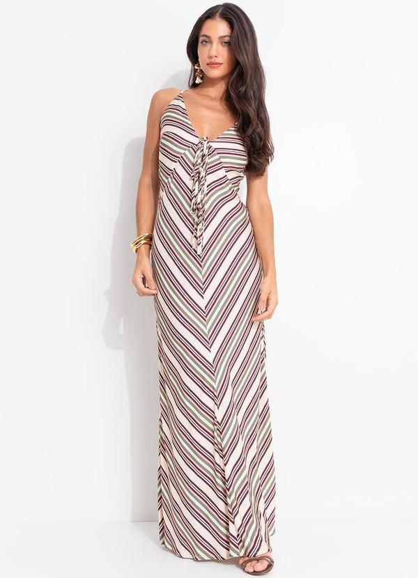 Vestido Alcinhas Listra Licor Bege