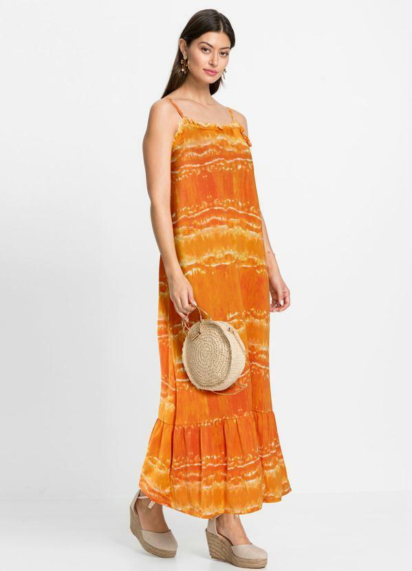 Vestido Alongado Laranja e Branco