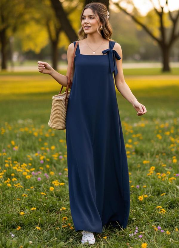 Vestido Azul Marinho em Crepe Plano