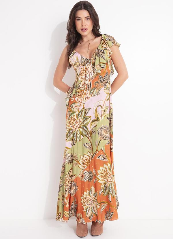 Vista 2 Vestido Babado Patch Floral Delhi Laranja FARM FARM