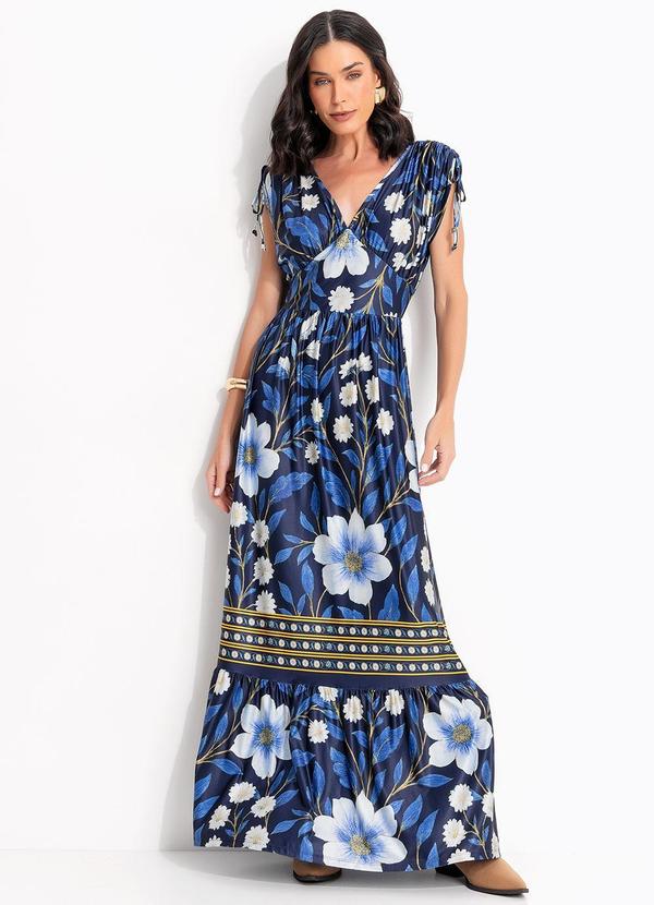 Vestido Barrado Floral Azul em Malha Fria