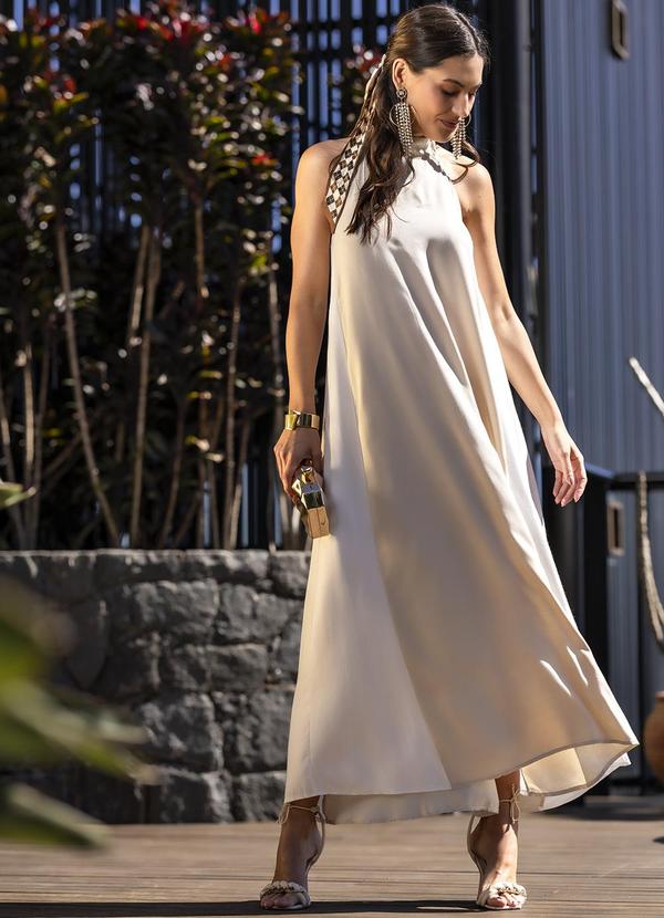 Vestido Bege em Viscose Plana Sarjada