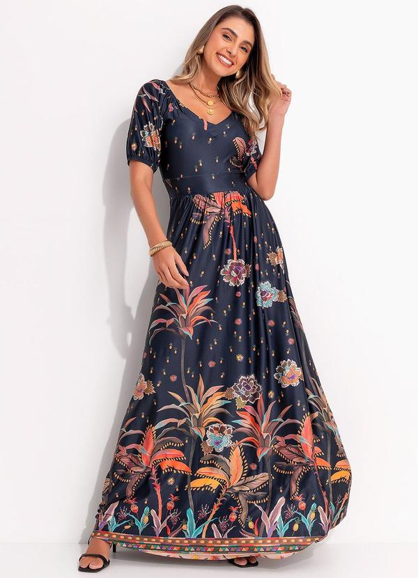 Vestido com Estampa Localizada Barrado Étnico