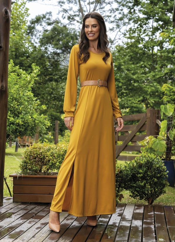 Vista 2 Vestido com Fenda Mostarda Rosalie Rosalie