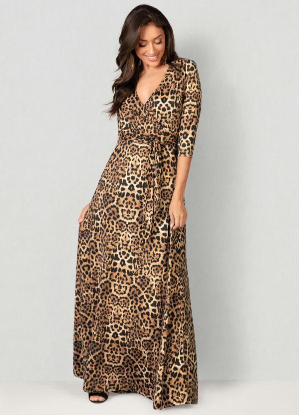 Vestido Decote Transpassado Animal Print Marrom
