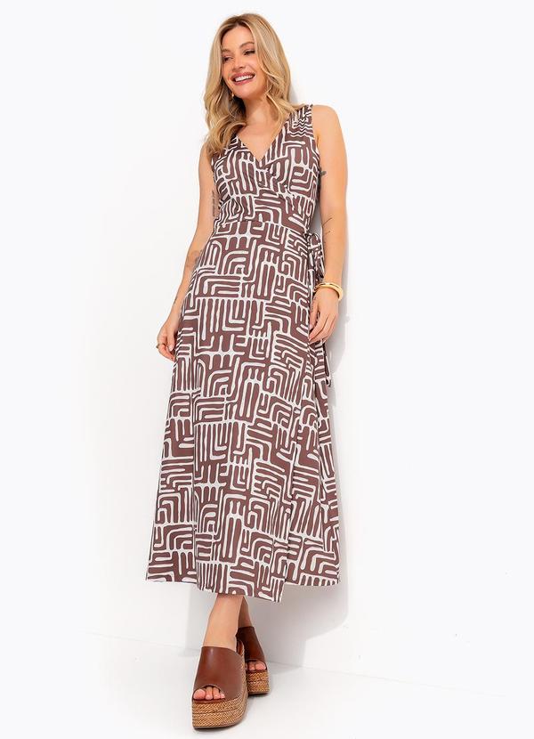 Vista 2 Vestido Midi Transpassado Estampa Geométrica Marrom em Malha Fria Quintess Quintess