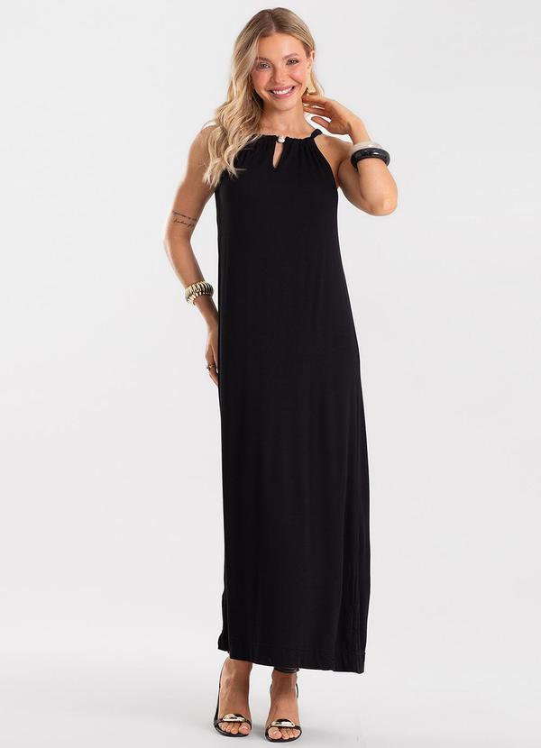 Vestido Feminino Longo Visco Maquinetada Preto