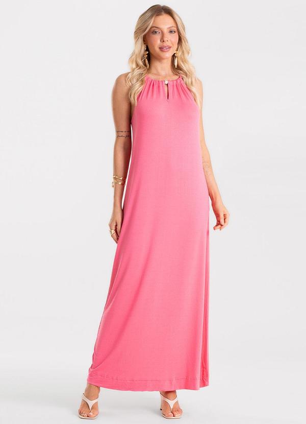 Vestido Feminino Longo Visco Maquinetada Rosa