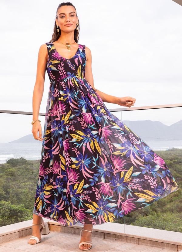 Vestido Floral Fundo Preto em Tule