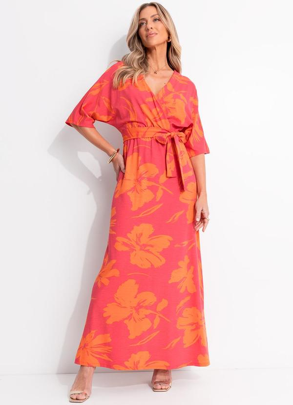 Vestido Floral Laranja em Malha de Viscose