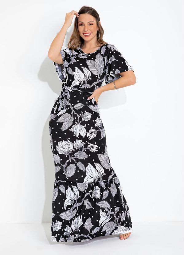 Vista 2 Vestido Floral Preta com Faixa Moda Pop Moda Pop