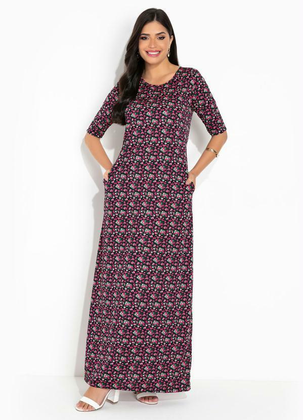 Vestido Floral Preto com Bolsos