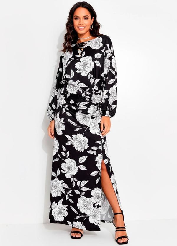Vestido Floral Preto e Branco em Malha Fria