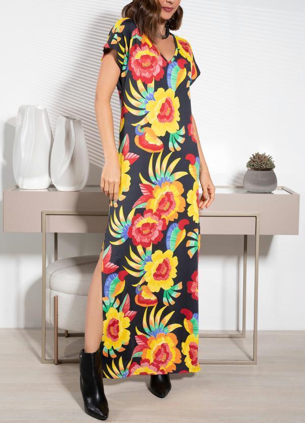 Vestido Floral Preto em Malha Crepe