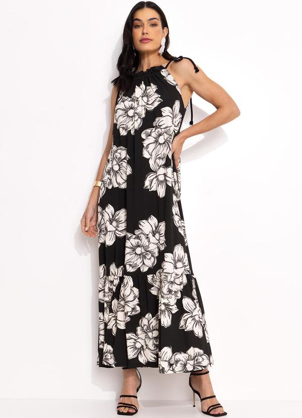 Vestido Floral Preto em Malha de Viscose