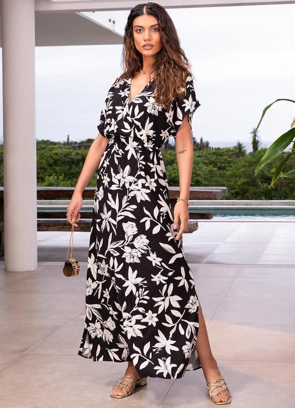 Vestido Floral Preto em Viscose Plana