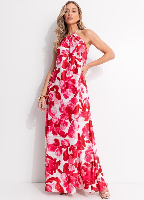 Vestido Longo Floral Soltinho com Decote Halter e Amarração