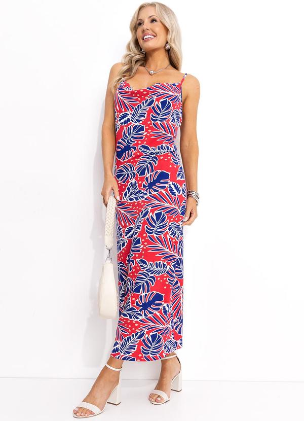 Vestido Folhagem Vermelho em Malha de Viscose