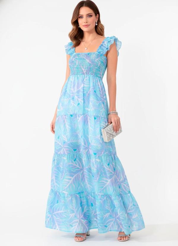 Vestido Folhas Azuis com Mangas Babado