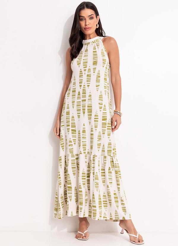 Vestido Folhas Listradas em Malha de Viscose