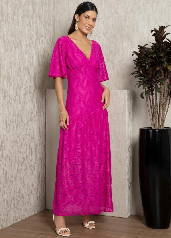 Vestido Fucsia com Decote V e Mangas Curtas