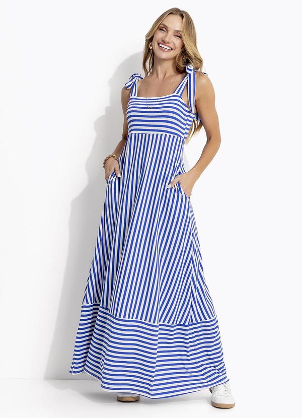 Vestido Listrado Azul e Branco em Canelado
