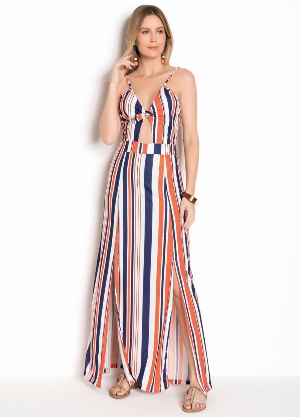 Vestido Listrado com Laço no Decote e Fendas