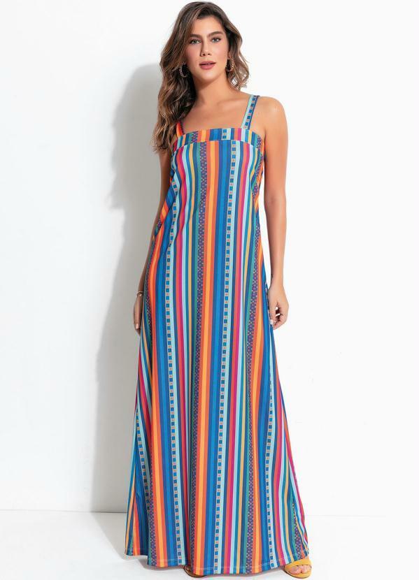 Vestido Listrado Longo com Alças